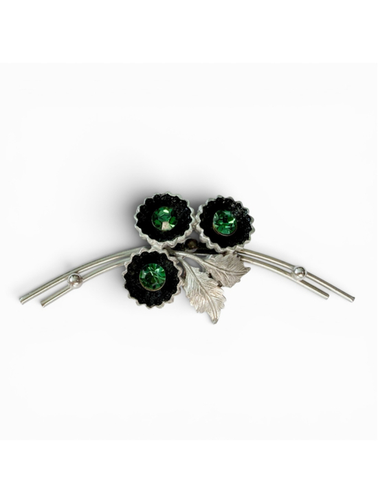 Vintage Jewelry - Vintage Green Rhinestone Flower Brooch Silver Tone Floral Spray Pin Black Enamel